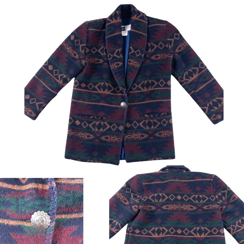 Rhonda Stark Aztec Southwestern Shawl Collar Women Small Wool Concho Coat Jacket